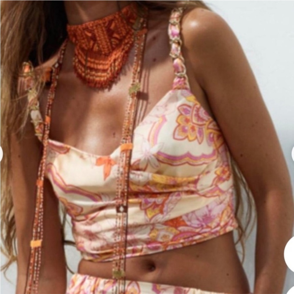 Zara Sasha Floral Smocked Crop Top Pink Orange Boho Festival Bralette Women’s XS